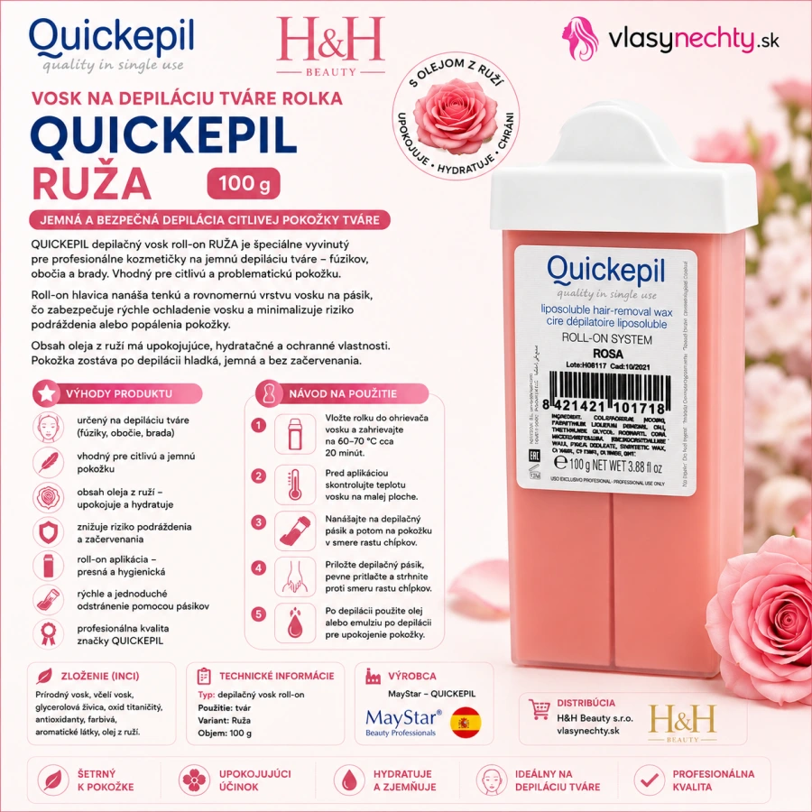 VOSK NA DEPILÁCIU TVÁRE ROLKA QUICKEPIL RUŽA 100 g