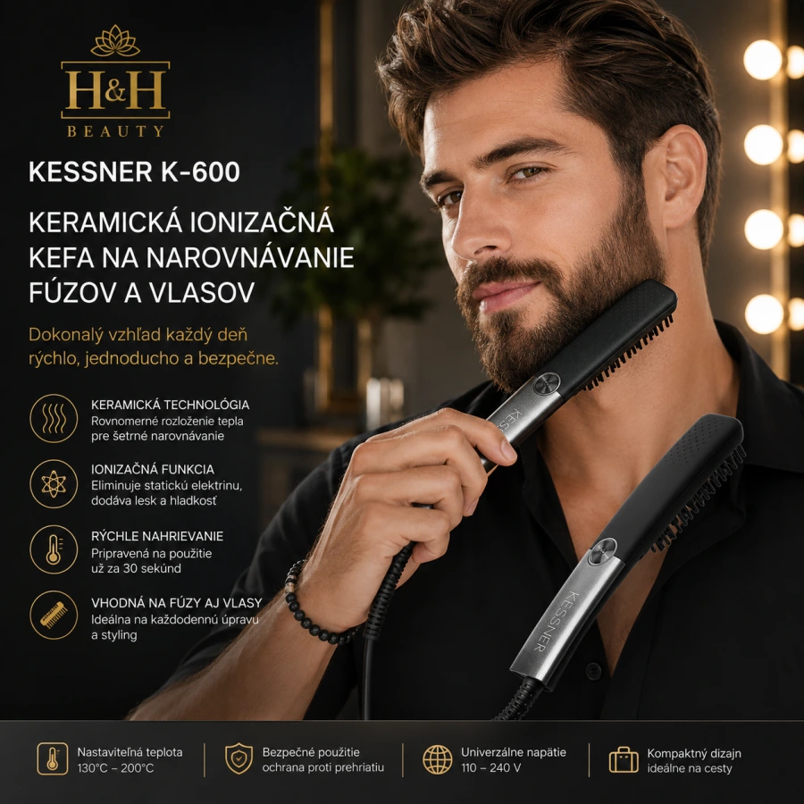 KESSNER K-600 – Keramická ionizačná kefa na narovnávanie fúzov a vlasov