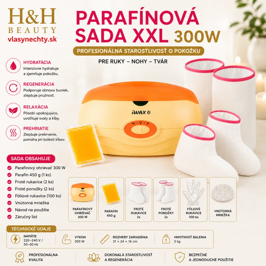 PARAFÍNOVA SADA XXL 300W, Kozmetický parafín 450 g (1 ks)Froté rukavice a ponožky 2x