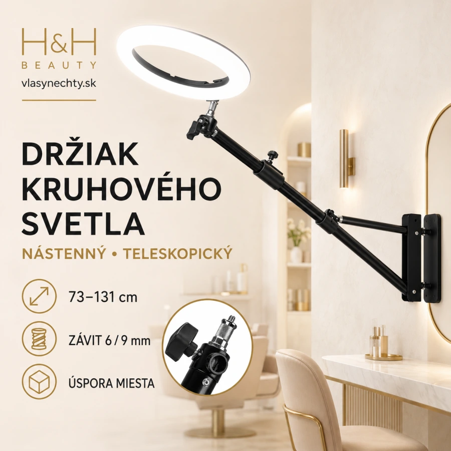 Držiak kruhového svetla – nástenný, teleskopický, nastaviteľná dĺžka ramena 73–131 cm