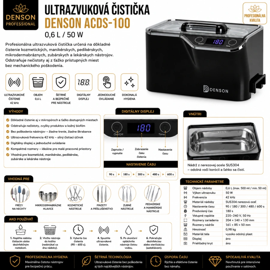 ULTRAZVUKOVÁ ČISTIČKA DENSON ACDS-100, objem 0,6 l, 50 W, čierny