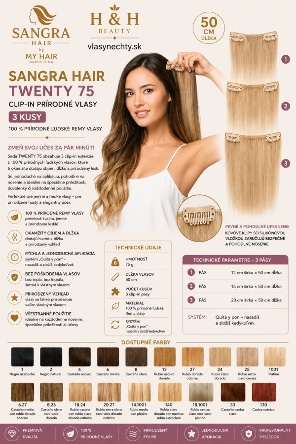SANGRA HAIR TWENTY 75 – Prírodné clip-in vlasy, 50 cm celková dĺžka, 3 kusy