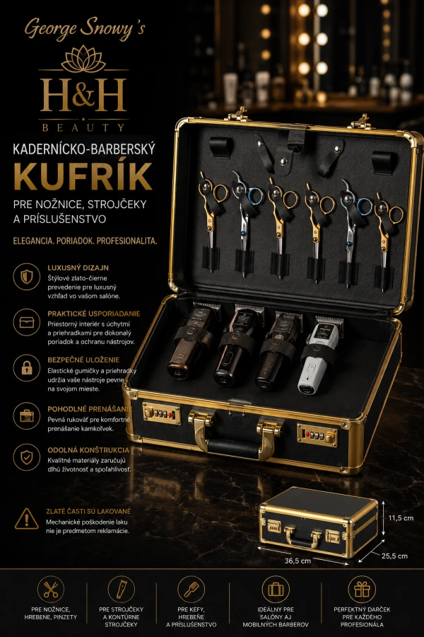 Kadernícko barberský kufrík zlato čierne / pre nožnice, strojčeky a pod. /