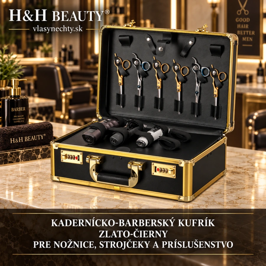 Kadernícko barberský kufrík zlato čierne / pre nožnice, strojčeky a pod. /
