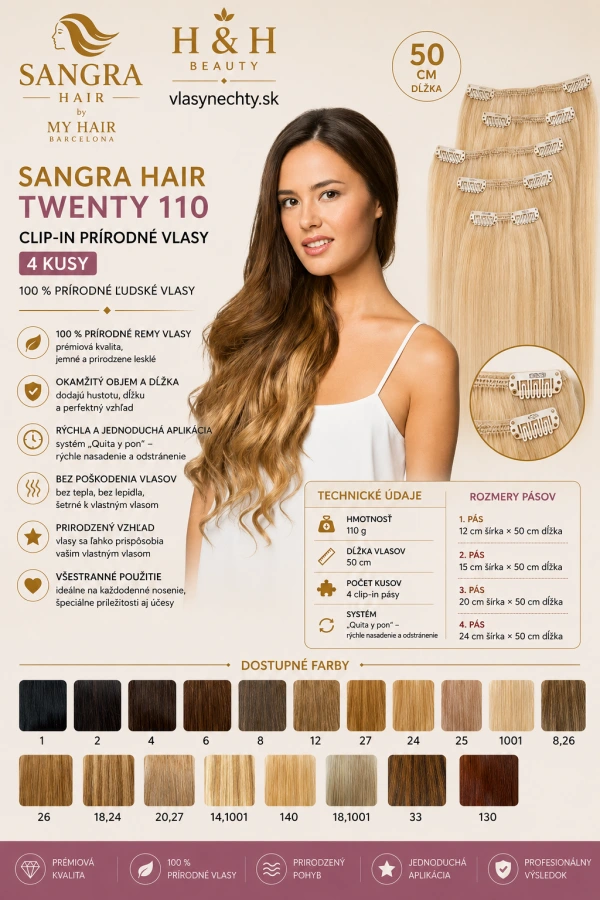 SANGRA HAIR TWENTY 110 – Prírodné clip-in vlasy, 50 cm celková dĺžka, 4 kusy
