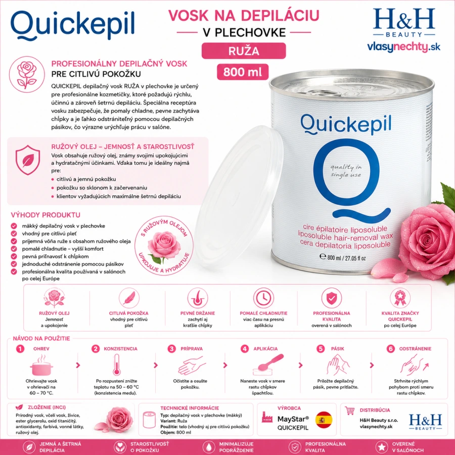 VOSK NA DEPILÁCIU V PLECHOVKE QUICKEPIL RUŽA 800 ml