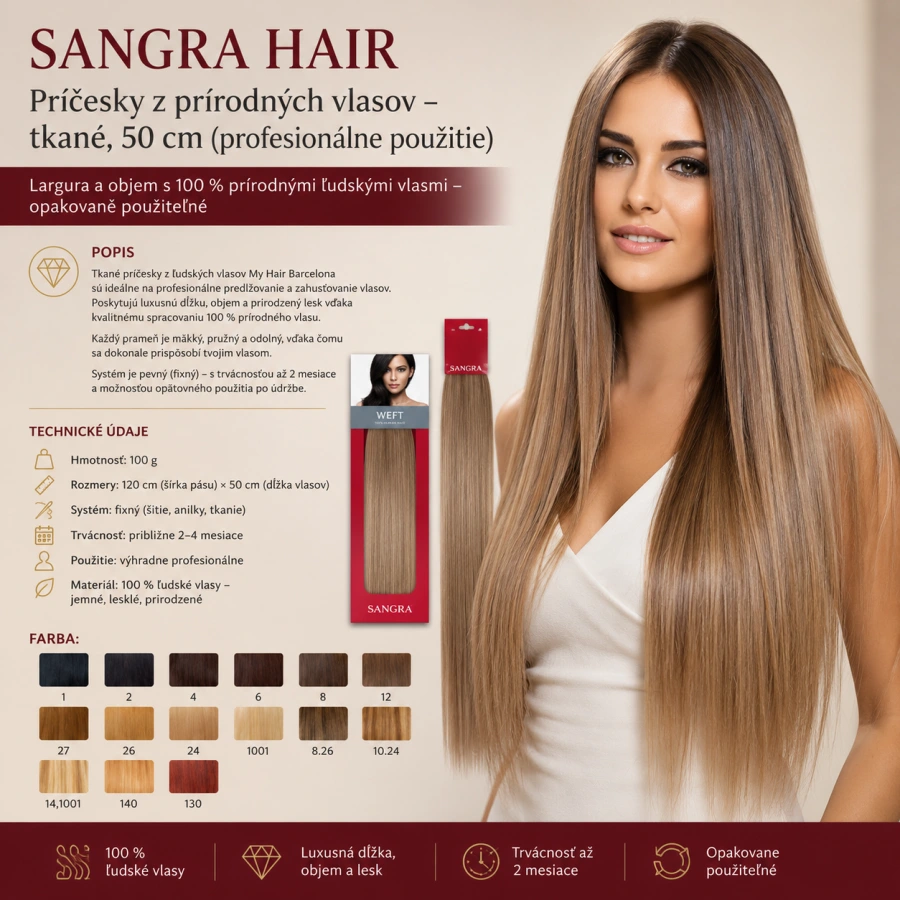 SANGRA Hair vlasy na predľžovanie WEFT šité na páske 100g - 15 farieb