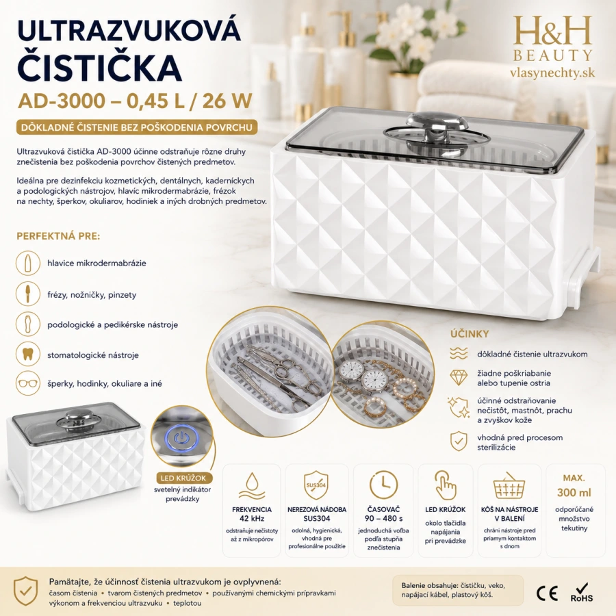 Ultrazvuková čistička AD-3000 obj. 0,45 L 26W Biela