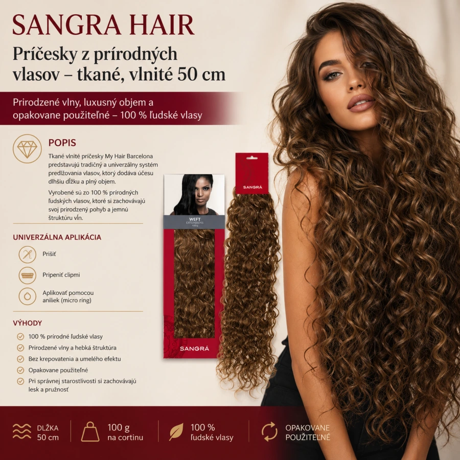 SANGRA Hair vlasy na predľžovanie WEFT šité na páske CT1000 vlnité , 3 farby