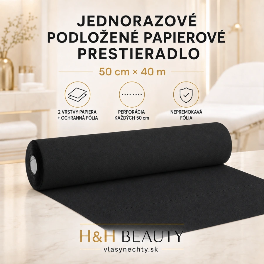 Jednorazové podložené papierové prestieradlo 50 × 40 m – čierne