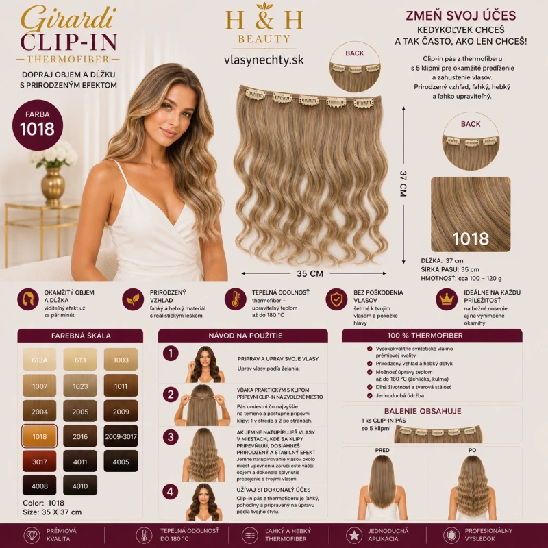 Girardi Clip in vlasy vlnité, 5 klipov, farba 1018