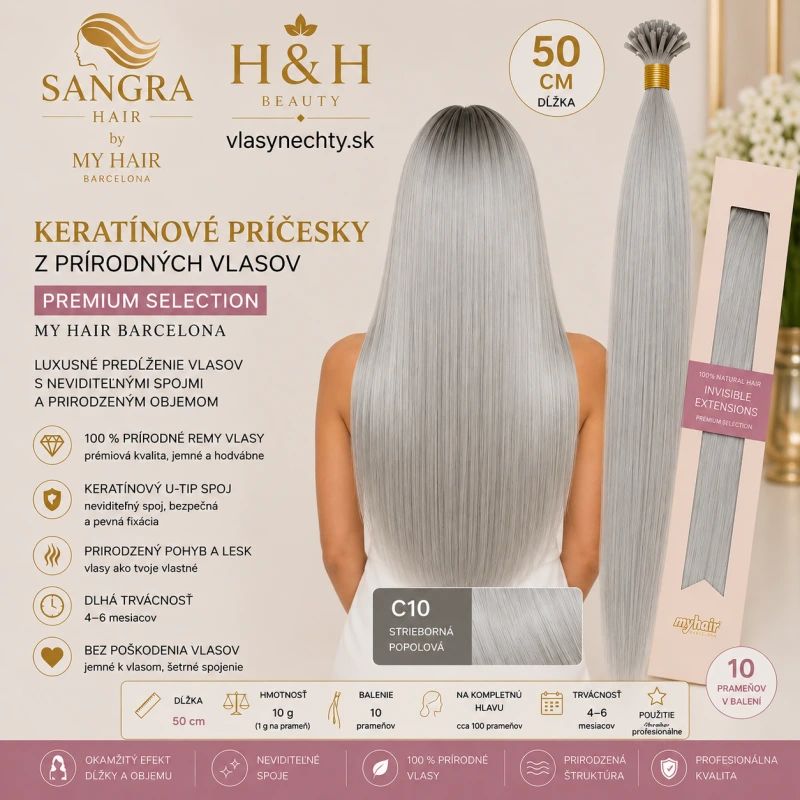C10 Keratínové príčesky z prírodných vlasov 50 cm – My Hair Barcelona FARBA STRIEBORNÁ