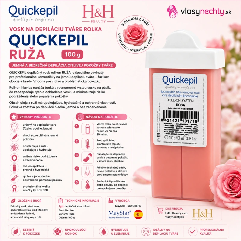VOSK NA DEPILÁCIU TVÁRE ROLKA QUICKEPIL RUŽA 100 g