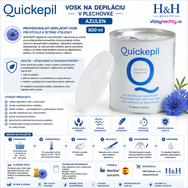 VOSK NA DEPILÁCIU V PLECHOVKE QUICKEPIL AZULEN 800 ml