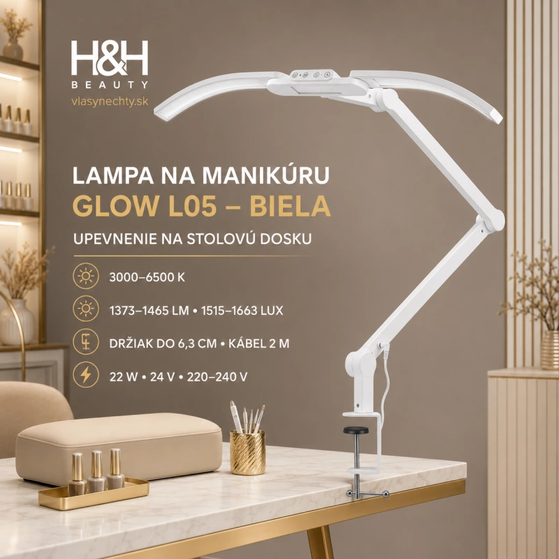 Lampa na manikúru Glow L05, ohnutá pre stolovú dosku, biela