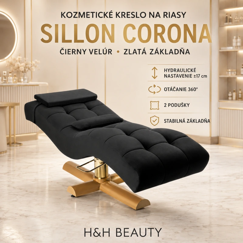 Kozmetické kreslo na riasy Sillon Corona – čierny velúr so zlatou základňou (hydraulické)