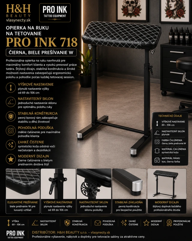 Pro Ink 718 opierka na ruku na tetovanie čierna biele prešívanie