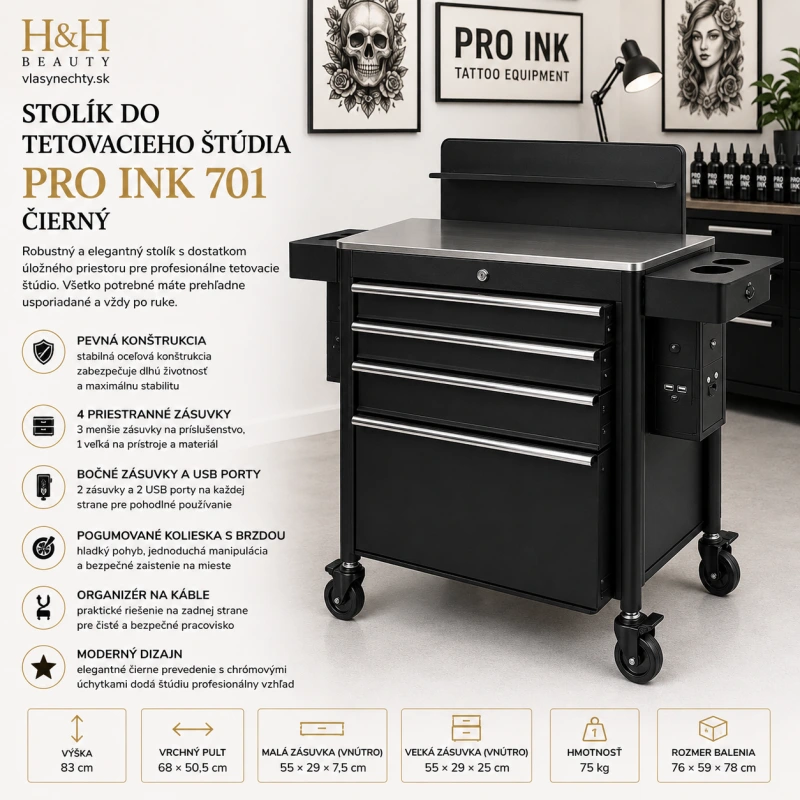 STOLÍK DO TETOVACIEHO ŠTÚDIA PRO INK 701 ČIERNY
