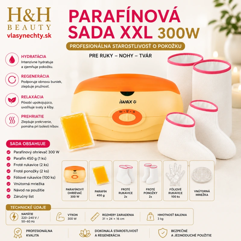 PARAFÍNOVA SADA XXL 300W, Kozmetický parafín 450 g (1 ks)Froté rukavice a ponožky 2x