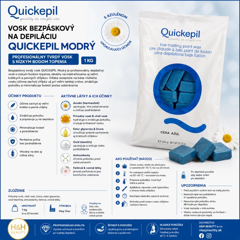 QUICKEPIL VOSK BEZPÁSKOVÝ NA DEPILÁCIU 1 KG MODRÝ