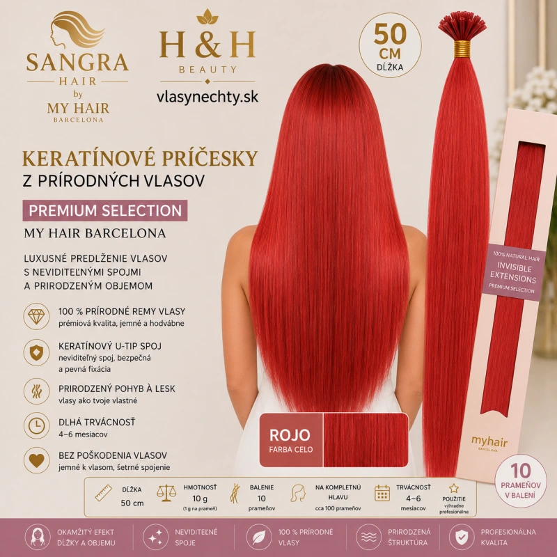 C10 Keratínové príčesky z prírodných vlasov farba ROJO 50cm