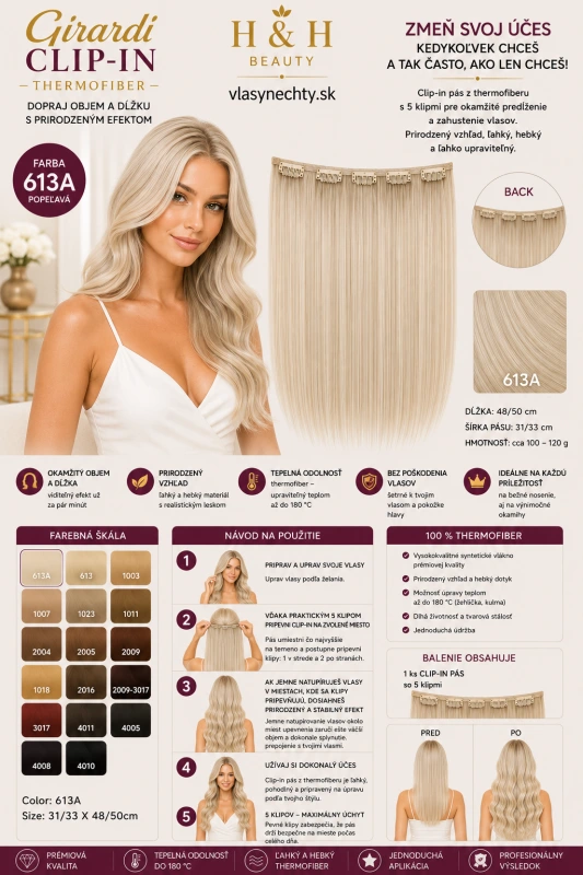 Girardi CLIP-IN vlasy z termovlákna Thermofiber – 5 klipov extra husté COLOR 613A popolavá