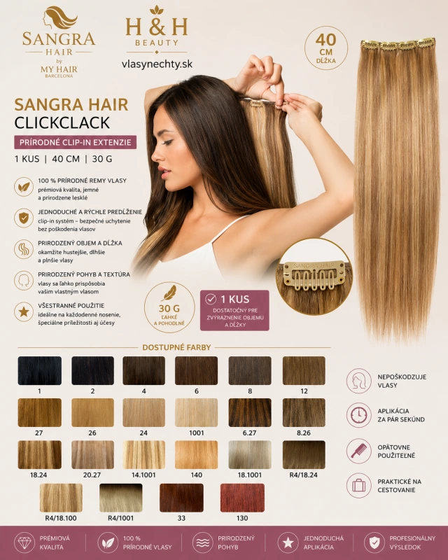 SANGRA HAIR CLICKCLACK 1 kus. Prírodná clip-in extenzia s hmotnosťou 30 g a dĺžkou 40 cm