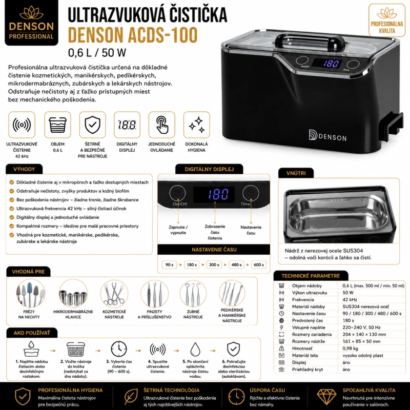 ULTRAZVUKOVÁ ČISTIČKA DENSON ACDS-100, objem 0,6 l, 50 W, čierny