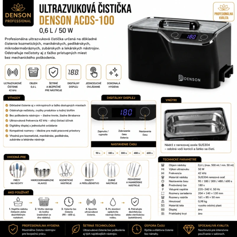 ULTRAZVUKOVÁ ČISTIČKA DENSON ACDS-100, objem 0,6 l, 50 W, čierny 8