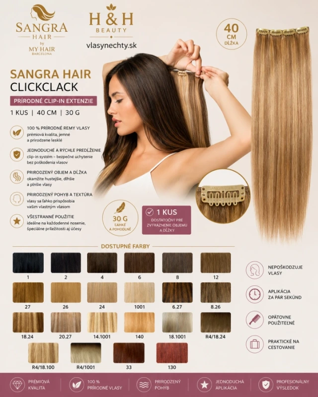 SANGRA HAIR CLICKCLACK 1 kus. Prírodná clip-in extenzia s hmotnosťou 30 g a dĺžkou 40 cm 4