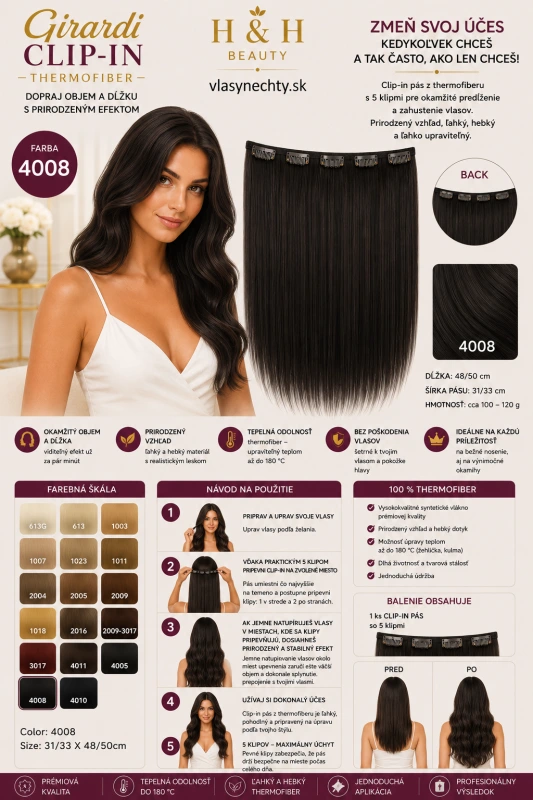 Girardi CLIP-IN vlasy z termovlákna Thermofiber – 5 klipov extra husté COLOR 4008