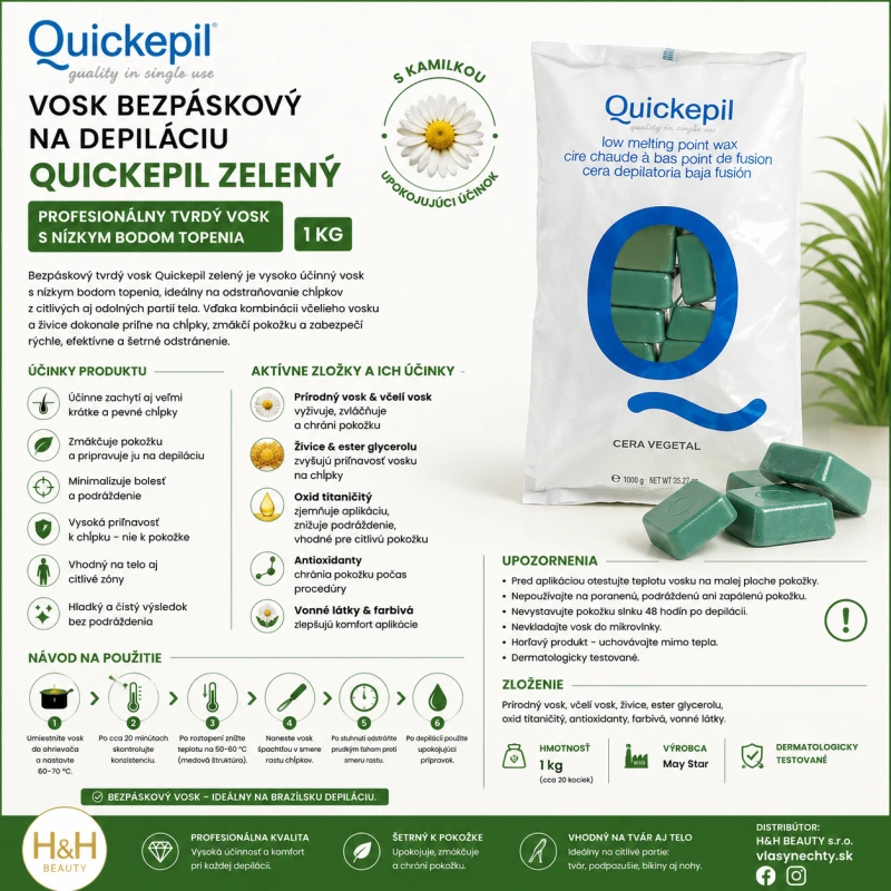 QUICKEPIL VOSK BEZPÁSKOVÝ NA DEPILÁCIU ZELENÝ 1 kg