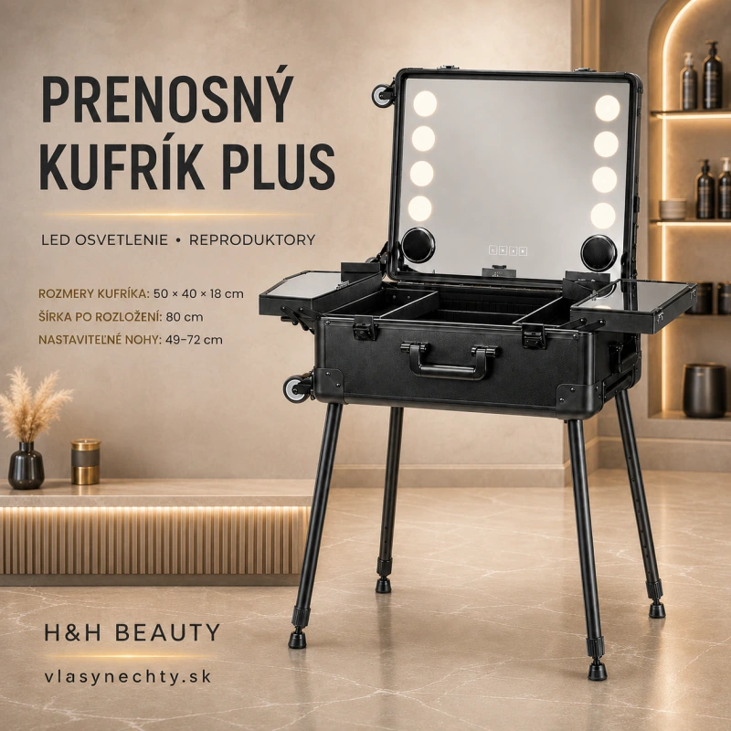 KOZMETICKÝ KUFOR ČIERNY PRENOSNÝ STOLÍK S REPRODUKTORMI PLUS
