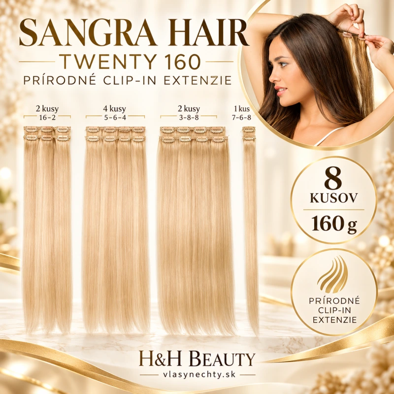 SANGRA HAIR TWENTY 160 , 8 kusov. Prírodné clip-in extenzie s hmotnosťou 160 g.