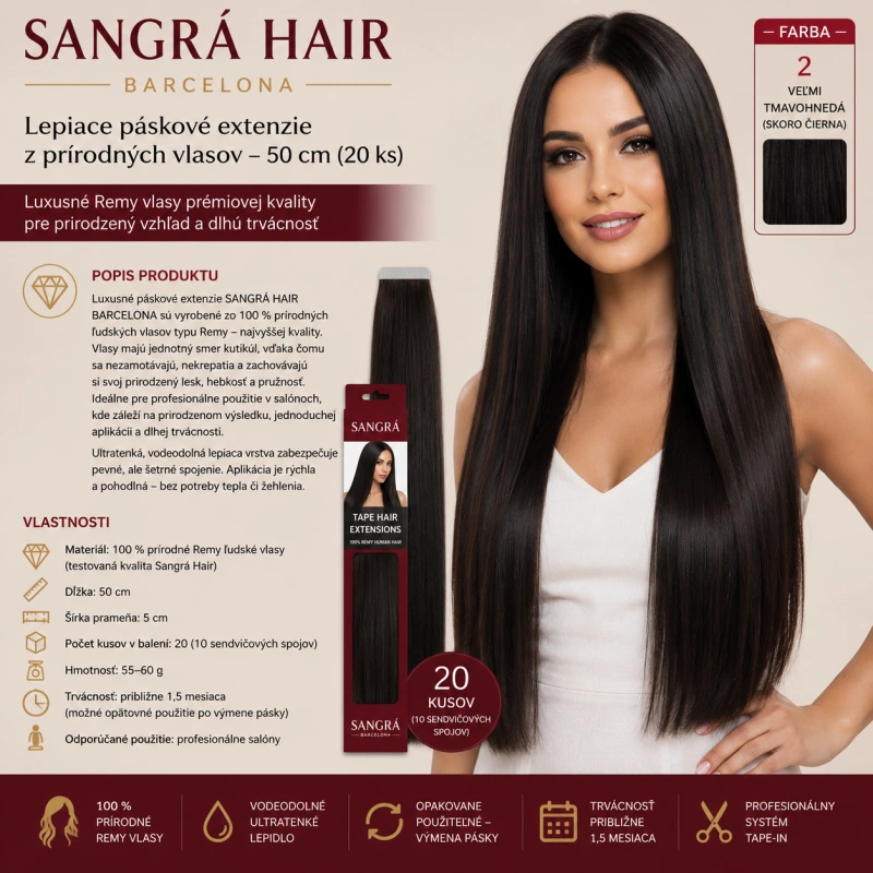SANGRÁ HAIR BARCELONA –AD na predlžovanie AD 20 prameň. 50 cm FARBA 2 tmavo hneda