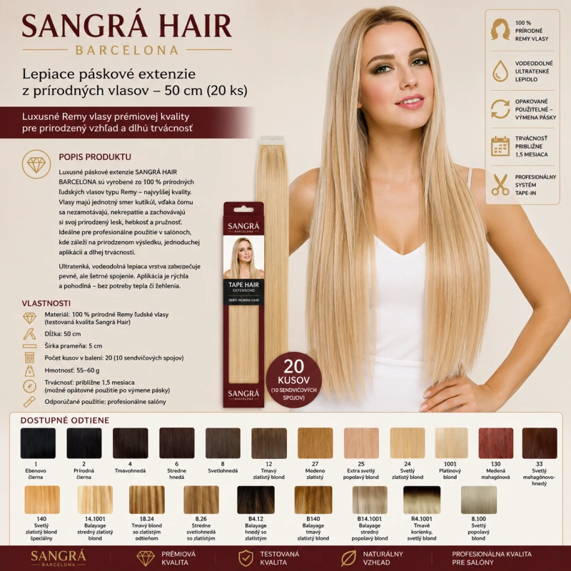 SANGRÁ HAIR BARCELONA –AD na predlžovanie AD 20 prameň. 50 cm, 21 farieb