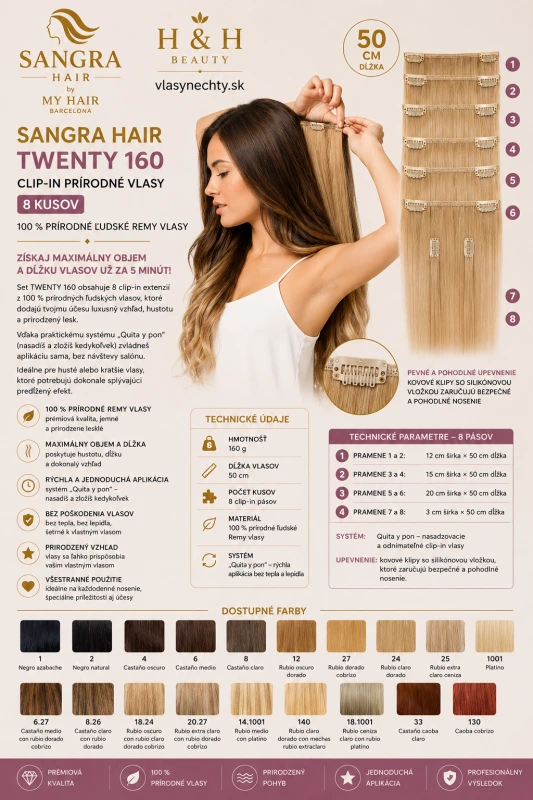 SANGRA HAIR TWENTY 160 , 8 kusov. Prírodné clip-in extenzie s hmotnosťou 160 g.