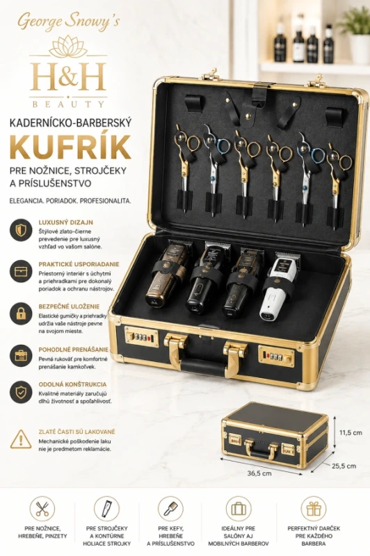 Kadernícko barberský kufrík zlato čierne / pre nožnice, strojčeky a pod. / 11
