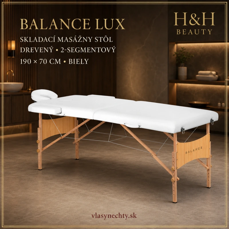BALANCE LUX – skladací masážny stôl drevený, 2-segmentový, 190×70 cm, biely