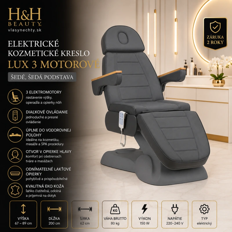 ELEKTRICKÉ KOZMETICKÉ KRESLO LUX 3 MOTOROVÉ ŠEDÉ, ŠEDÁ PODSTAVA