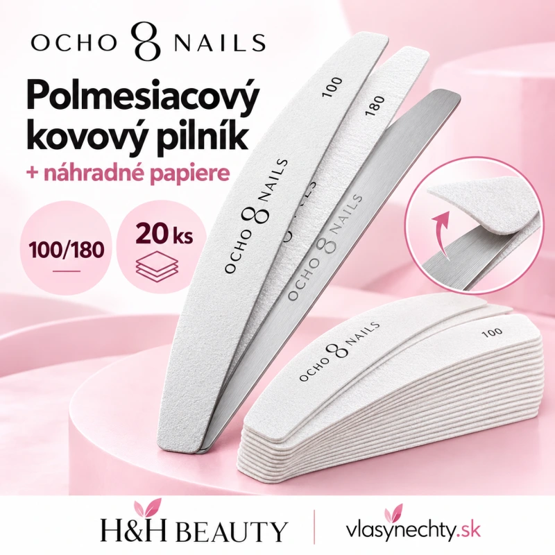 Ocho Nails polmesiacový kovový pilník + papiere 100/180 20 ks.