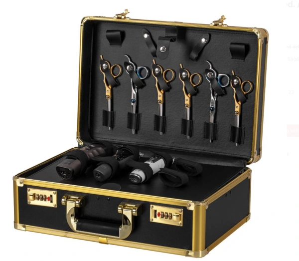 Kadernícko barberský kufrík zlato čierne / pre nožnice, strojčeky a pod. /