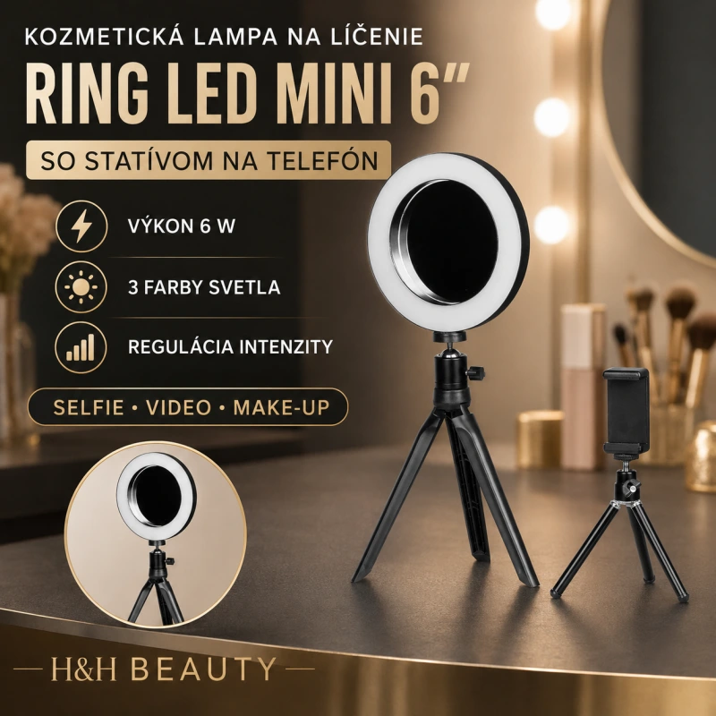KOZMETICKÁ LAMPA NA LÍČENIE RING LED MINI 6" , STATÍVOM NA TELEFÓN
