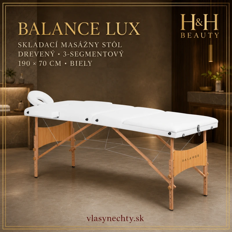 Stôl skladací na masáž BALANCE LUX – drevený, 3-segmentový, 190×70 cm, biely