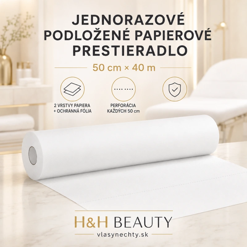 Jednorazové podložené papierové prestieradlo 50 × 40 m – biele