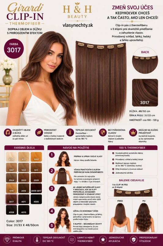 Girardi CLIP-IN vlasy z termovlákna Thermofiber – 5 klipov extra husté COLOR 3017