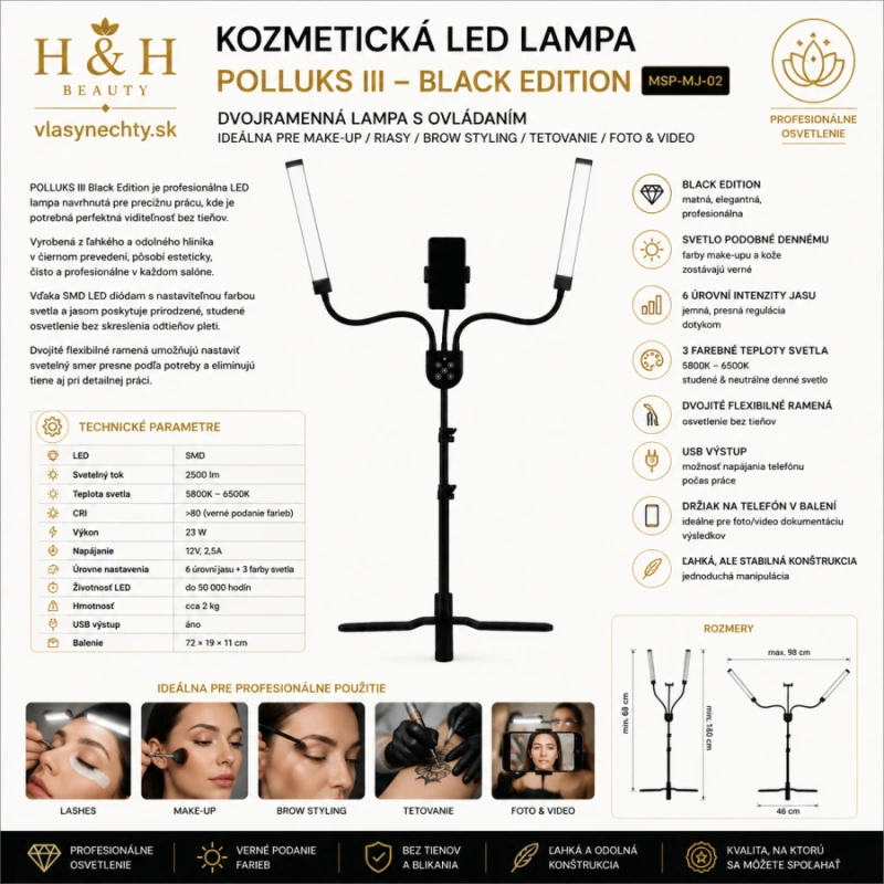 KOZMETICKÁ LED LAMPA NA RIASY A LÍČENIE POLLUKS III MSP-MJ-02 BLACK EDITION Z OVLÁDANÍM 6
