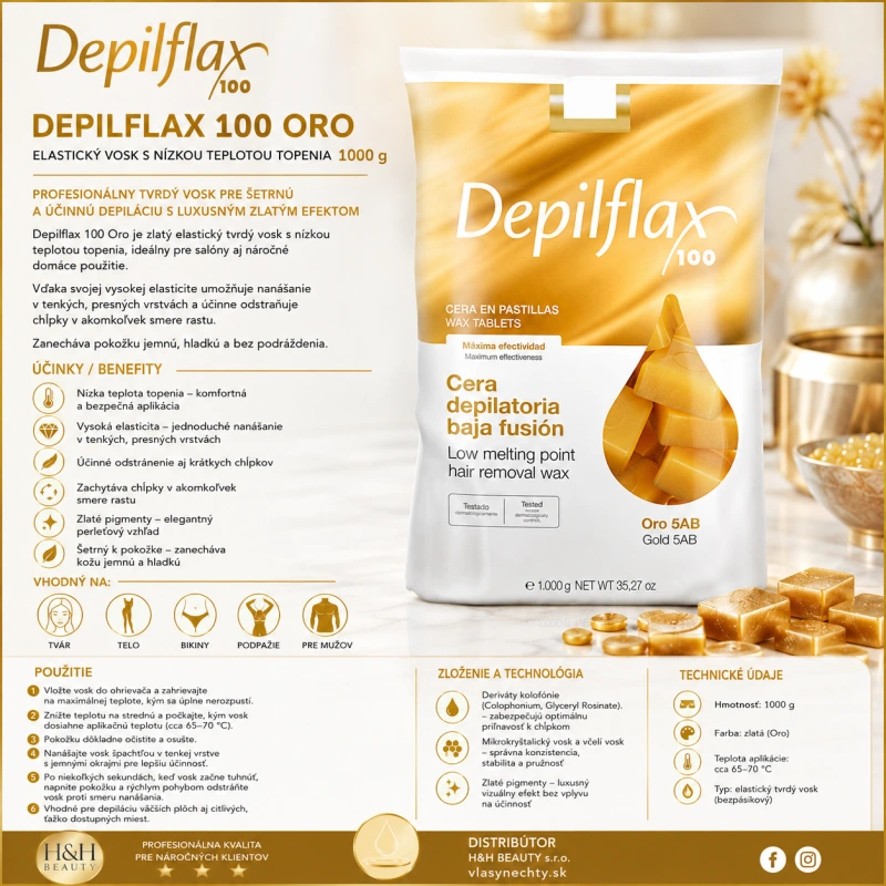 DEPILFLAX 100 Oro – elastický vosk s nízkou teplotou topenia (zlatý) 1000 g