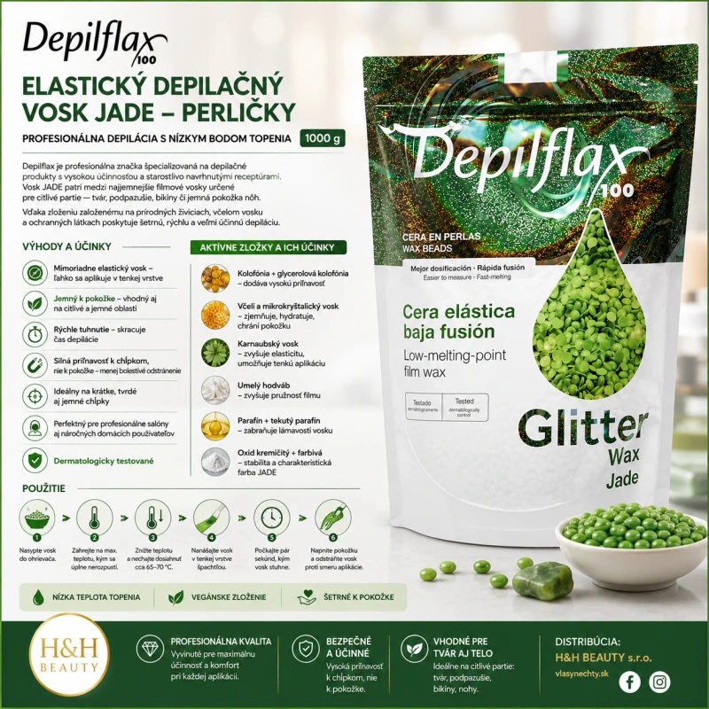 DEPILFLAX 100 Elastický depilačný vosk s nízkym bodom topenia, perličkový Jade 1000 g
