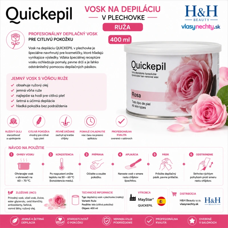 VOSK NA DEPILÁCIU V PLECHOVKE QUICKEPIL RUŽA 400 ml